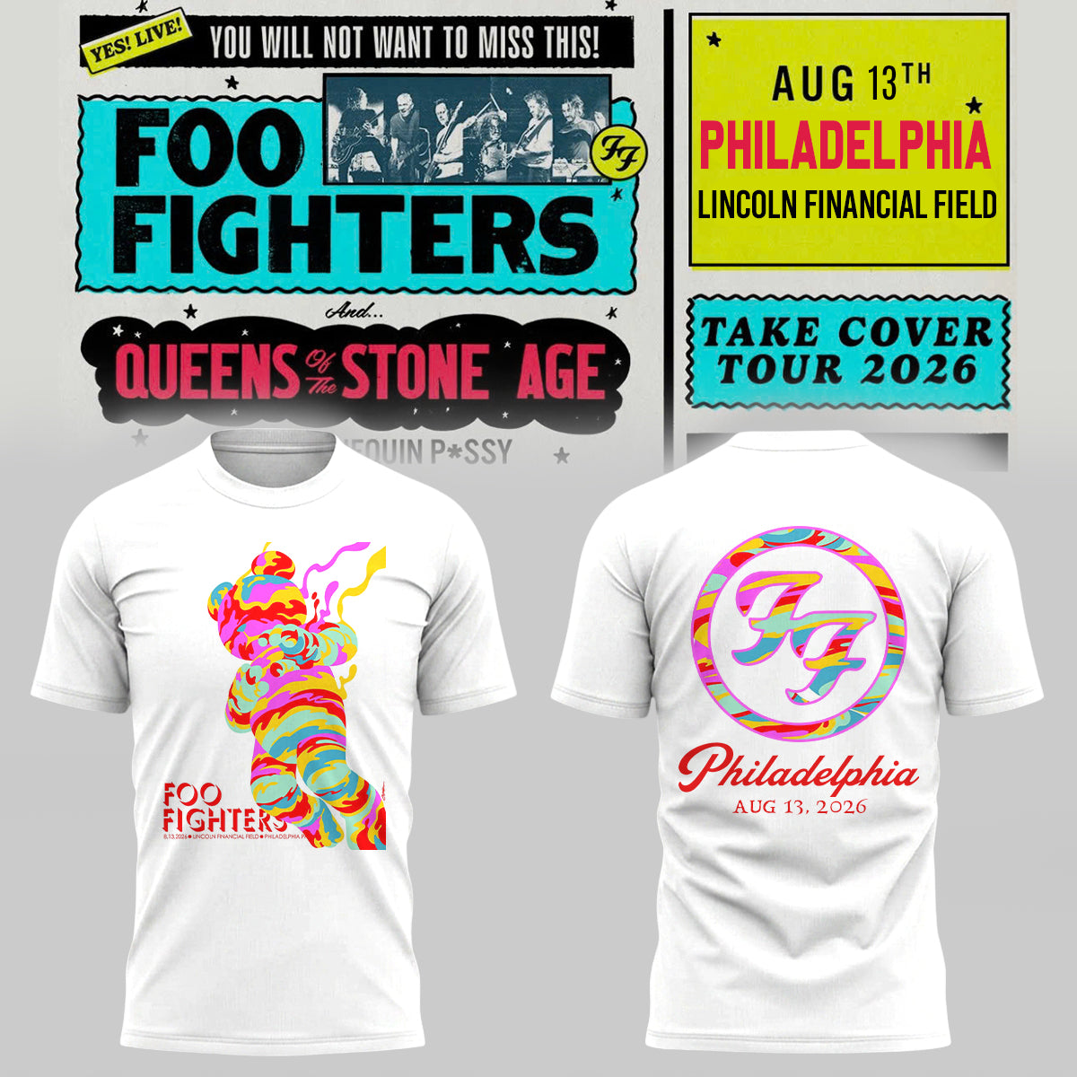 Limited Edition Foo Fighters “Take Cover Tour 2026” Lincoln Financial Field, Philadelphia,PA T-Shirts