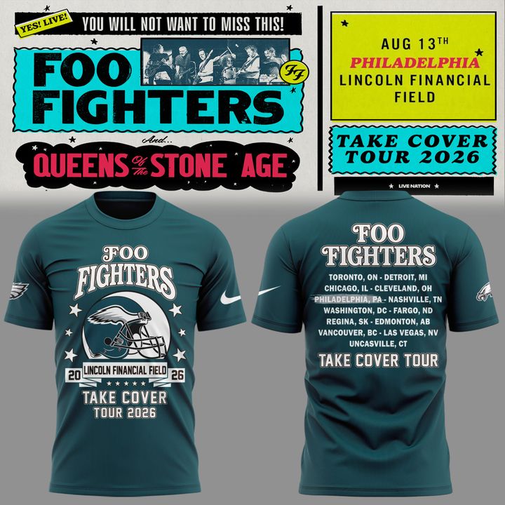 New White Shirt Foo Fighters x Philadelphia Eagles - Take Cover Tour 2026 T-Shirt