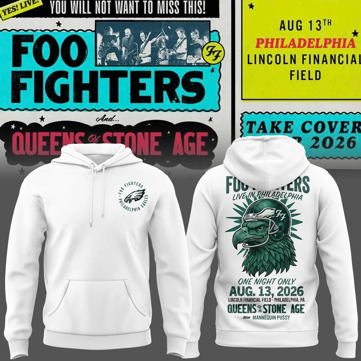 New White Hoodie Foo Fighters x Philadelphia Eagles - Take Cover Tour 2026 Hoodie