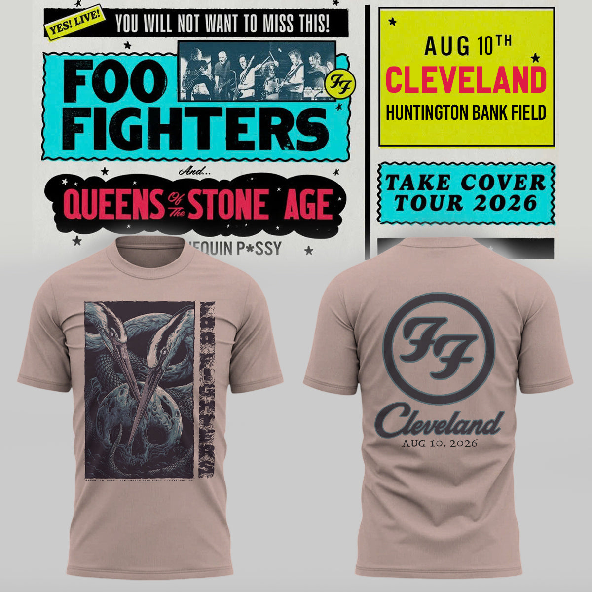 Limited Edition Foo Fighters “Take Cover Tour 2026” At Huntington Bank Field,Cleveland T-Shirts