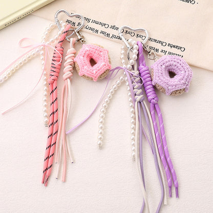 Handmade Crochet Donut Keychain, Knitted Rope Bag Charm, Cute Yarn Phone Strap, Pearl Tassel Key Ring, Aesthetic Gift for Her