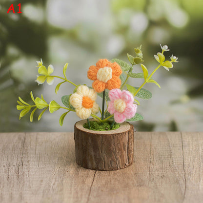 Handmade Crochet Flower Arrangement, Faux Floral Decor with Wooden Base, Cozy Home Decoration