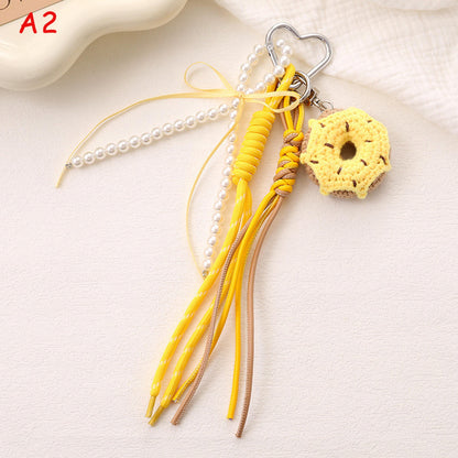 Handmade Crochet Donut Keychain, Knitted Rope Bag Charm, Cute Yarn Phone Strap, Pearl Tassel Key Ring, Aesthetic Gift for Her