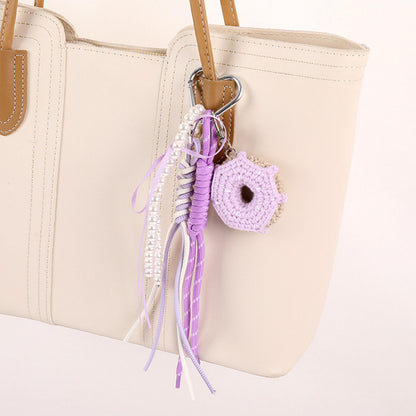 Handmade Crochet Donut Keychain, Knitted Rope Bag Charm, Cute Yarn Phone Strap, Pearl Tassel Key Ring, Aesthetic Gift for Her