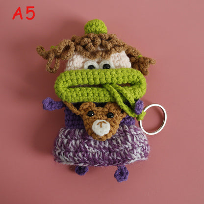 Handmade Knitted Sausage Lips Car Key Cover, Cute Flower Dress Girl Drawstring Key Case, Crochet Key Protector, Bag Charm Keychain Gift
