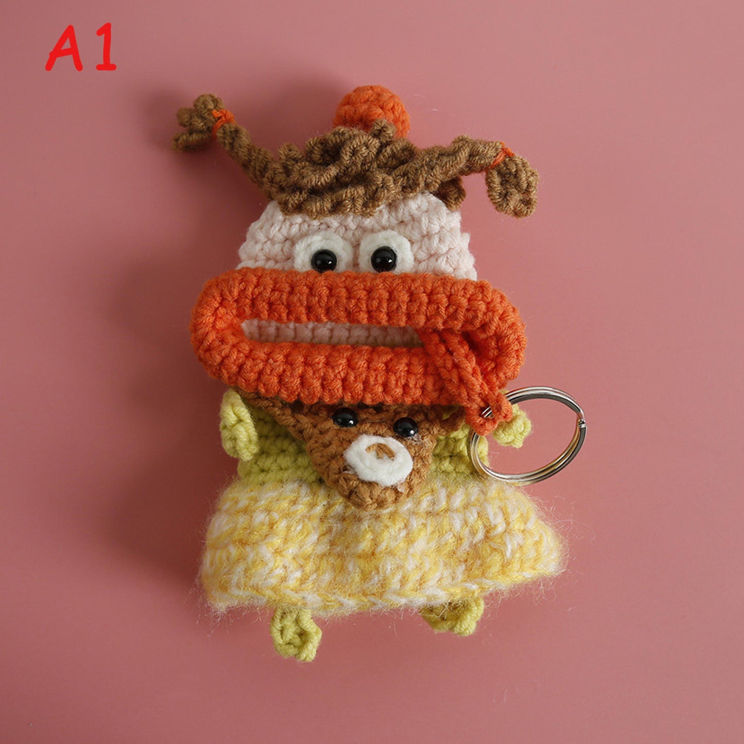 Handmade Crochet Big Lips Car Key Cover, Cute Flower Dress Girl Drawstring Key Holder, Knitted Key Protector Pouch, Bag Charm Keychain