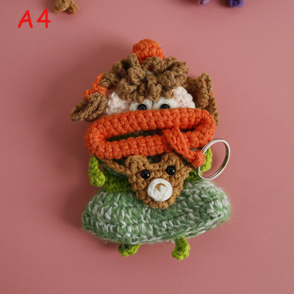 Handmade Crochet Big Lips Car Key Cover, Cute Flower Dress Girl Drawstring Key Holder, Knitted Key Protector Pouch, Bag Charm Keychain