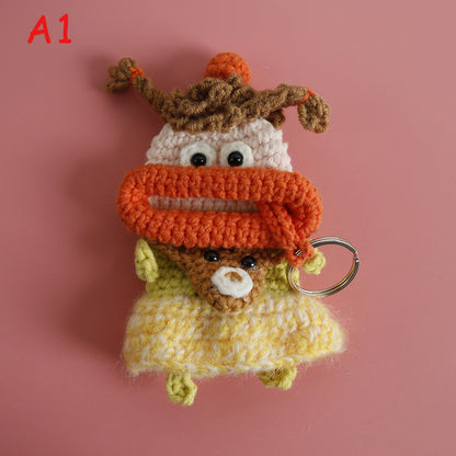 Handmade Knitted Sausage Lips Car Key Cover, Cute Flower Dress Girl Drawstring Key Case, Crochet Key Protector, Bag Charm Keychain Gift