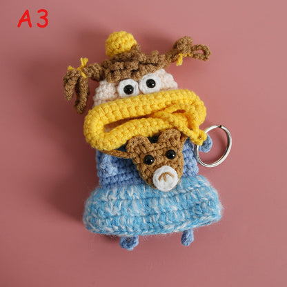Handmade Knitted Sausage Lips Car Key Cover, Cute Flower Dress Girl Drawstring Key Case, Crochet Key Protector, Bag Charm Keychain Gift
