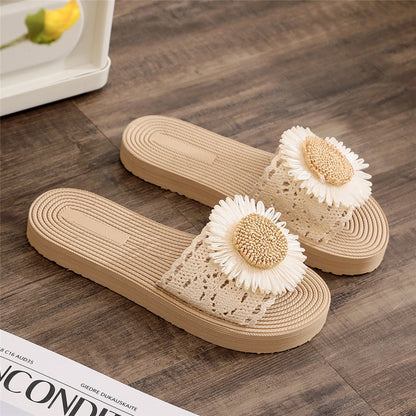 Handmade Crochet Linen Flip Flops, Straw Style Beach Slippers, Daisy Flower Thong Sandals, Summer Boho Women Slides, Vacation Shoes