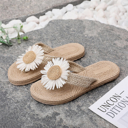 Handmade Crochet Linen Flip Flops, Straw Style Beach Slippers, Daisy Flower Thong Sandals, Summer Boho Women Slides, Vacation Shoes
