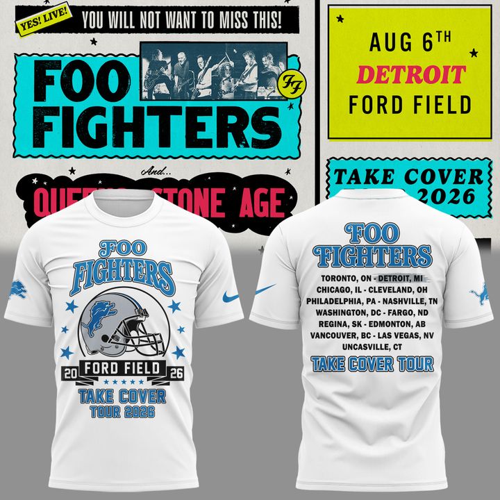 02.10. White Shirt Foo Fighters x Detroit Lions - TAKE COVER TOUR 2026 T-Shirt