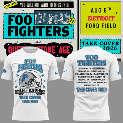 02.10. White Shirt Foo Fighters x Detroit Lions - TAKE COVER TOUR 2026 T-Shirt