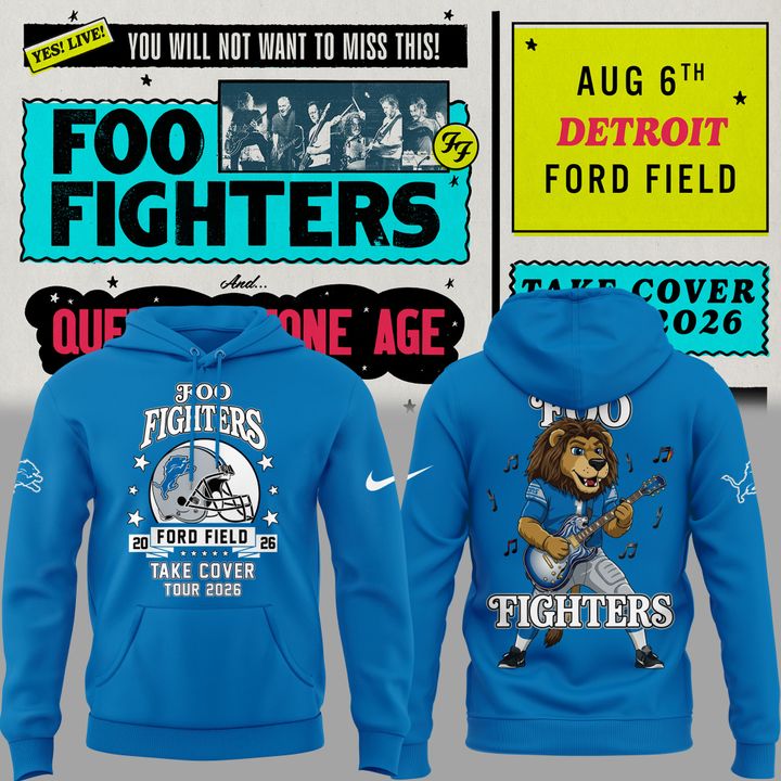 02.08. New Blue Hoodie Foo Fighters x Detroit Lions - TAKE COVER TOUR 2026 Hoodie