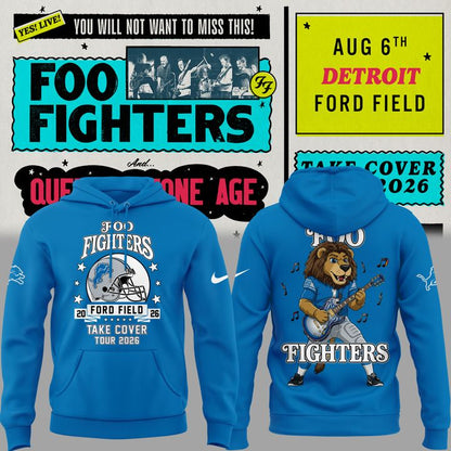 02.08. New Blue Hoodie Foo Fighters x Detroit Lions - TAKE COVER TOUR 2026 Hoodie