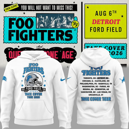 02.36. White Hoodie Foo Fighters x Detroit Lions - TAKE COVER TOUR 2026 Hoodie