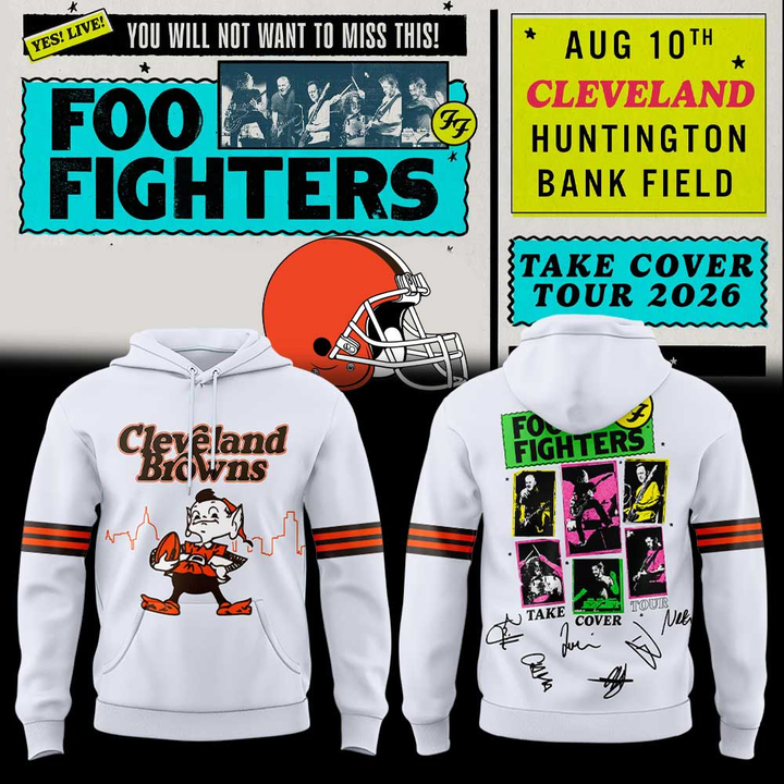 02.74. White Hoodie Cleveland Browns x Foo Fighters - Take Cover Tour 2026 Hoodie