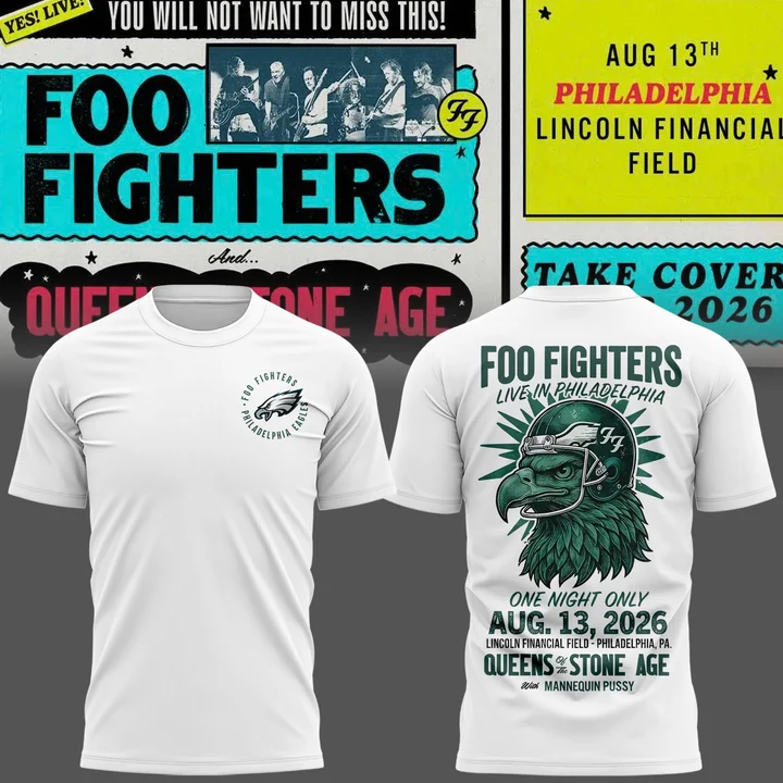 New White Shirt Foo Fighters x Philadelphia Eagles - Take Cover Tour 2026 T-Shirt