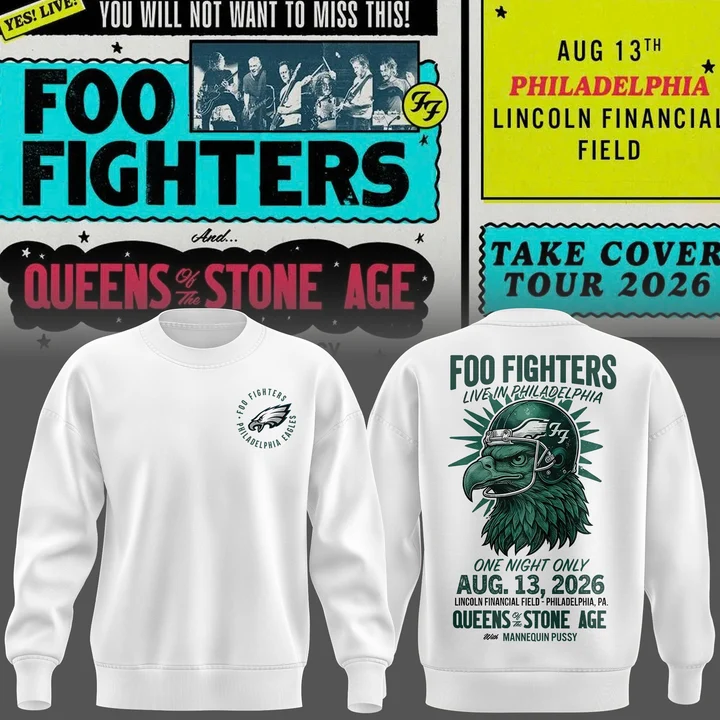 New White Sweatshirt Foo Fighters x Philadelphia Eagles - Take Cover Tour 2026 Sweatshirt
