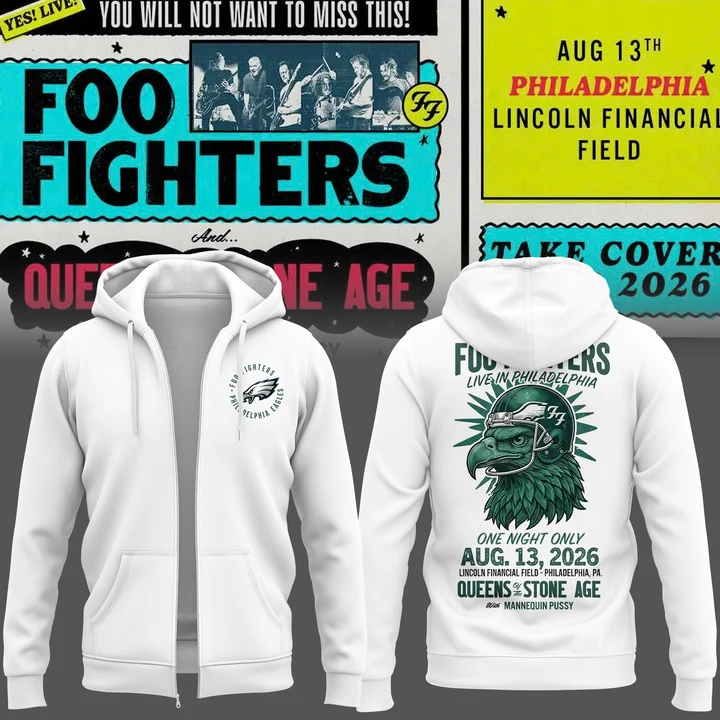 New White Zip Hoodie Foo Fighters x Philadelphia Eagles - Take Cover Tour 2026 Zip Hoodie
